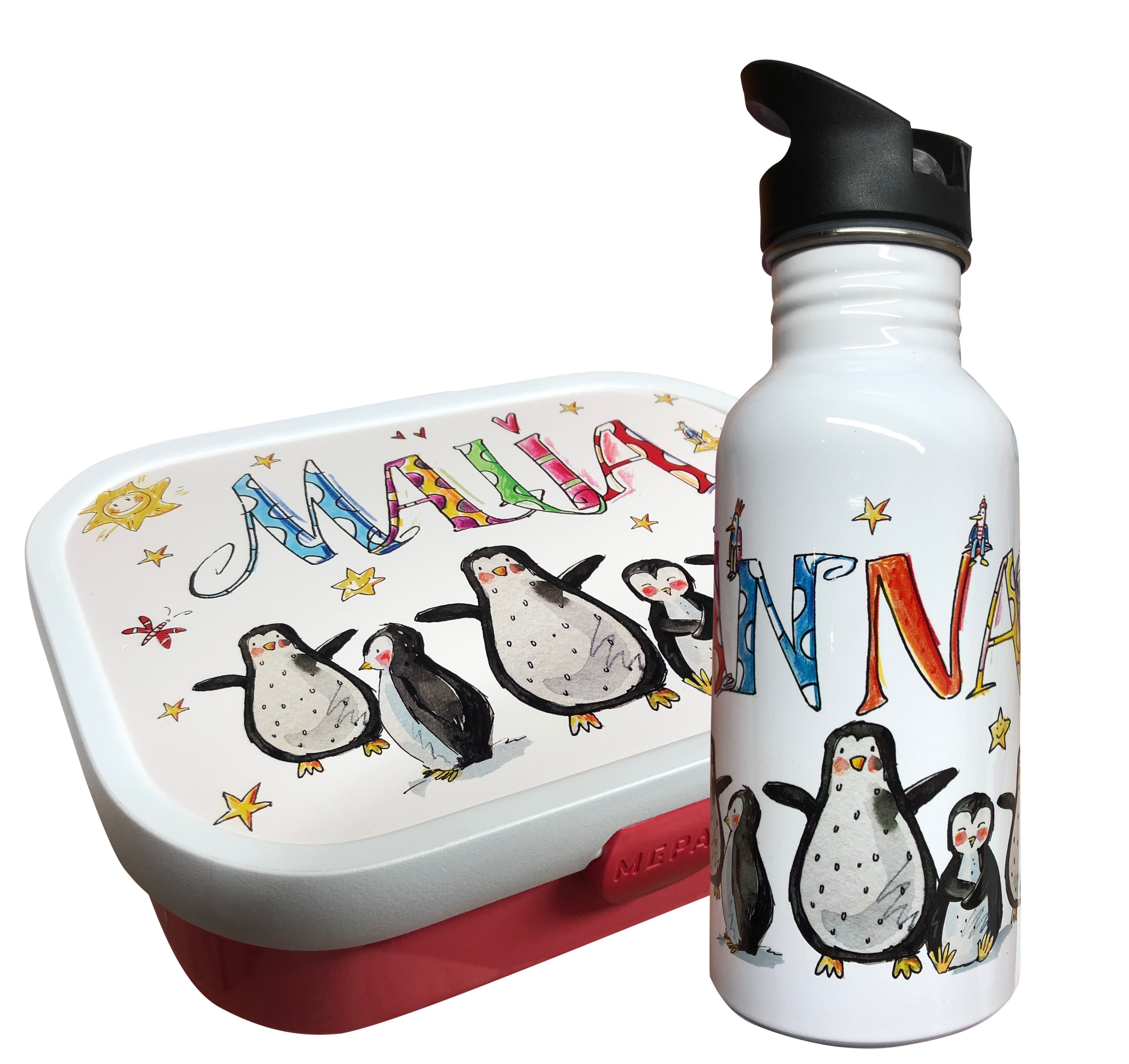 Set Brotdose + Edelstahltrinkflasche Pinguine