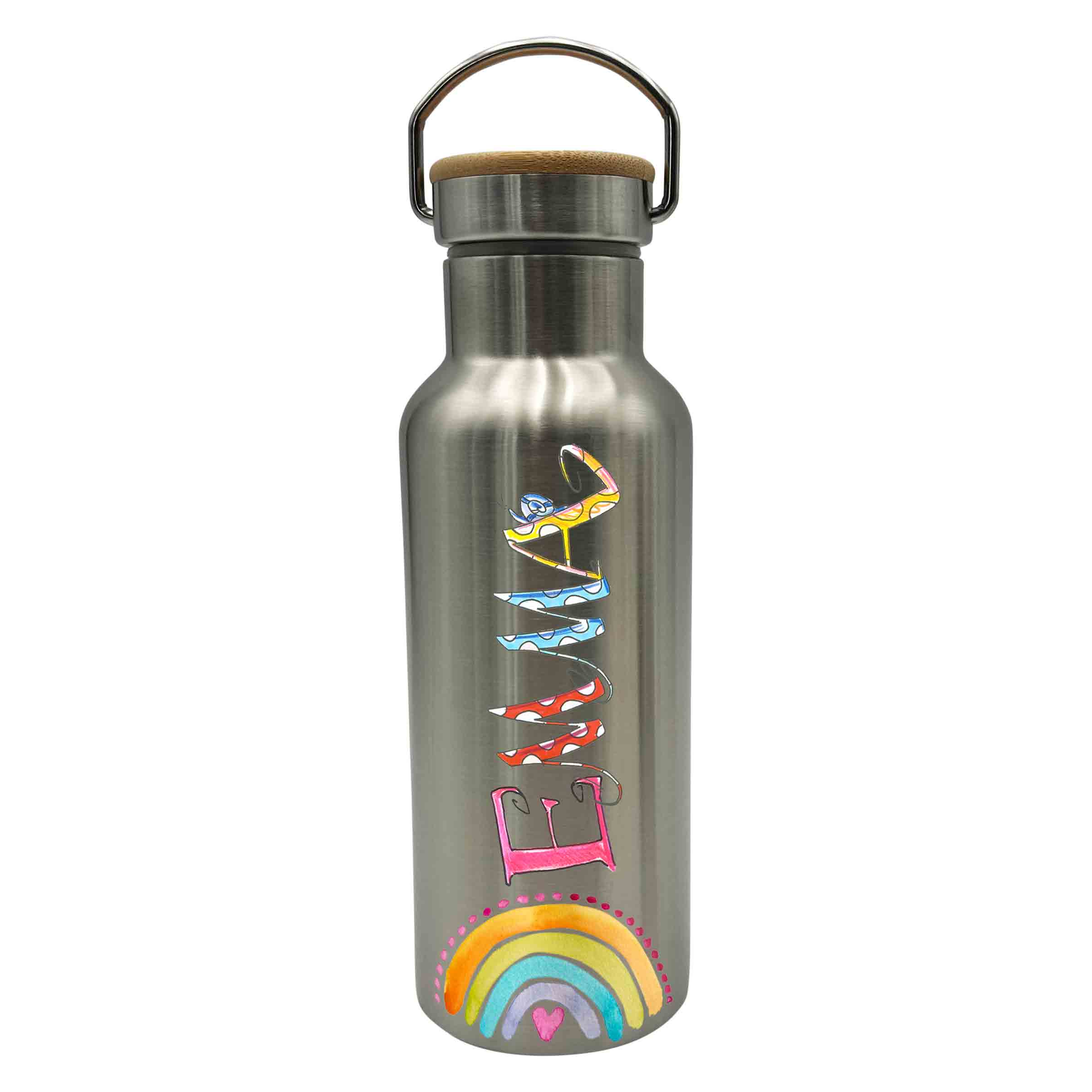 Bambus Thermo Trinkflasche Regenbogen, silber