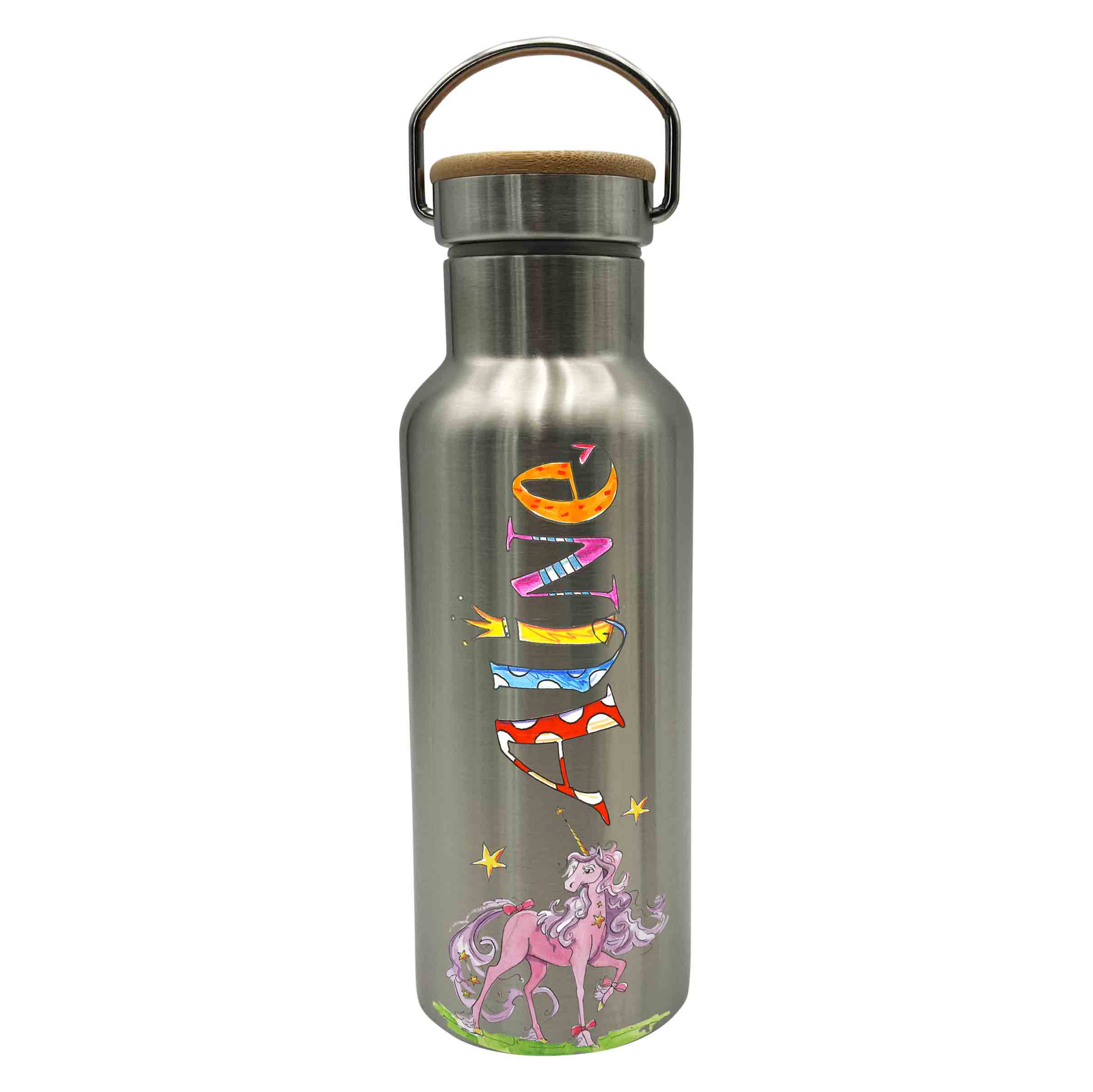 Thermo Trinkflasche Einhorn rosa, Bambus silber