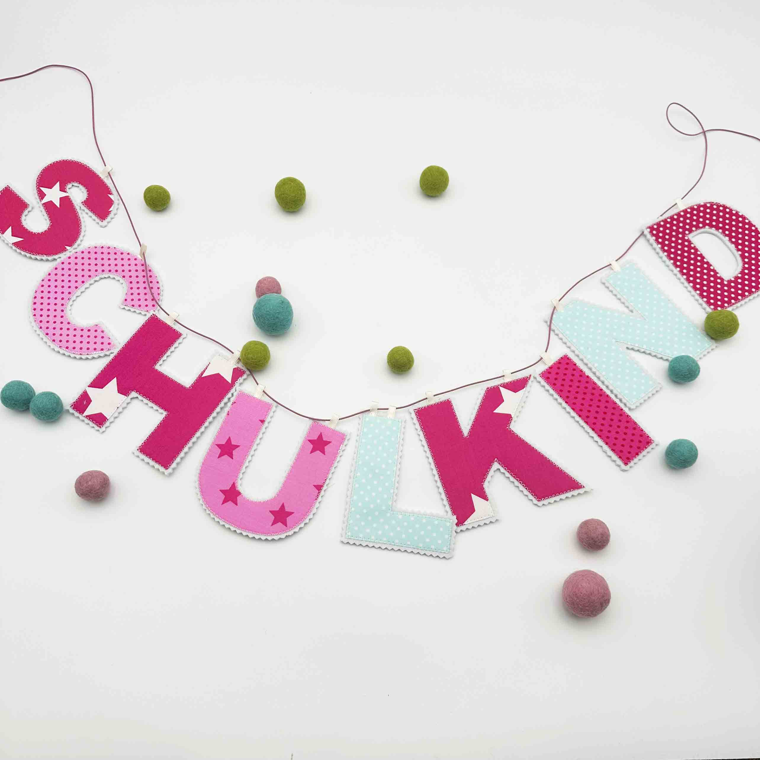 Girlande Schulkind, Stoff pink mint