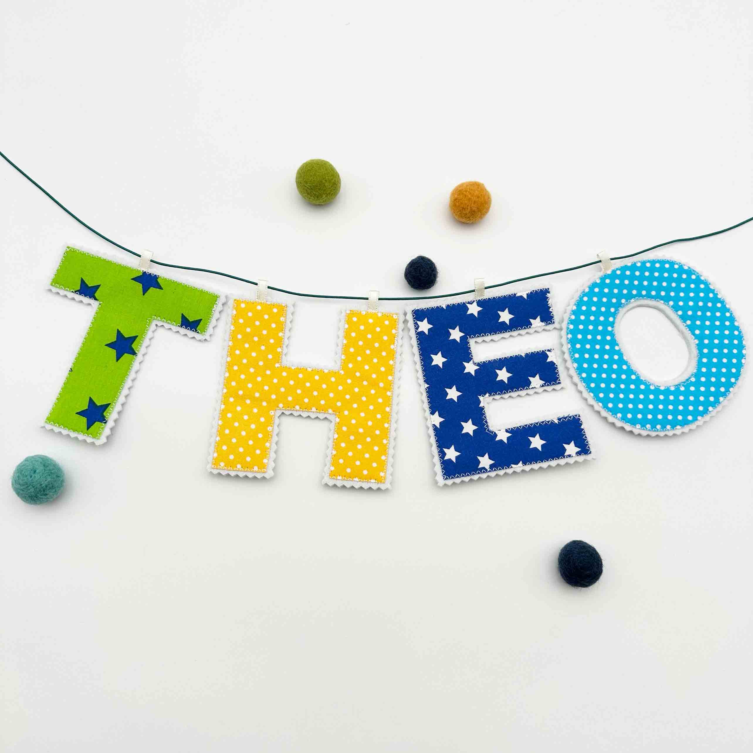 Namensgirlande, Stoff grün, blau, gelb