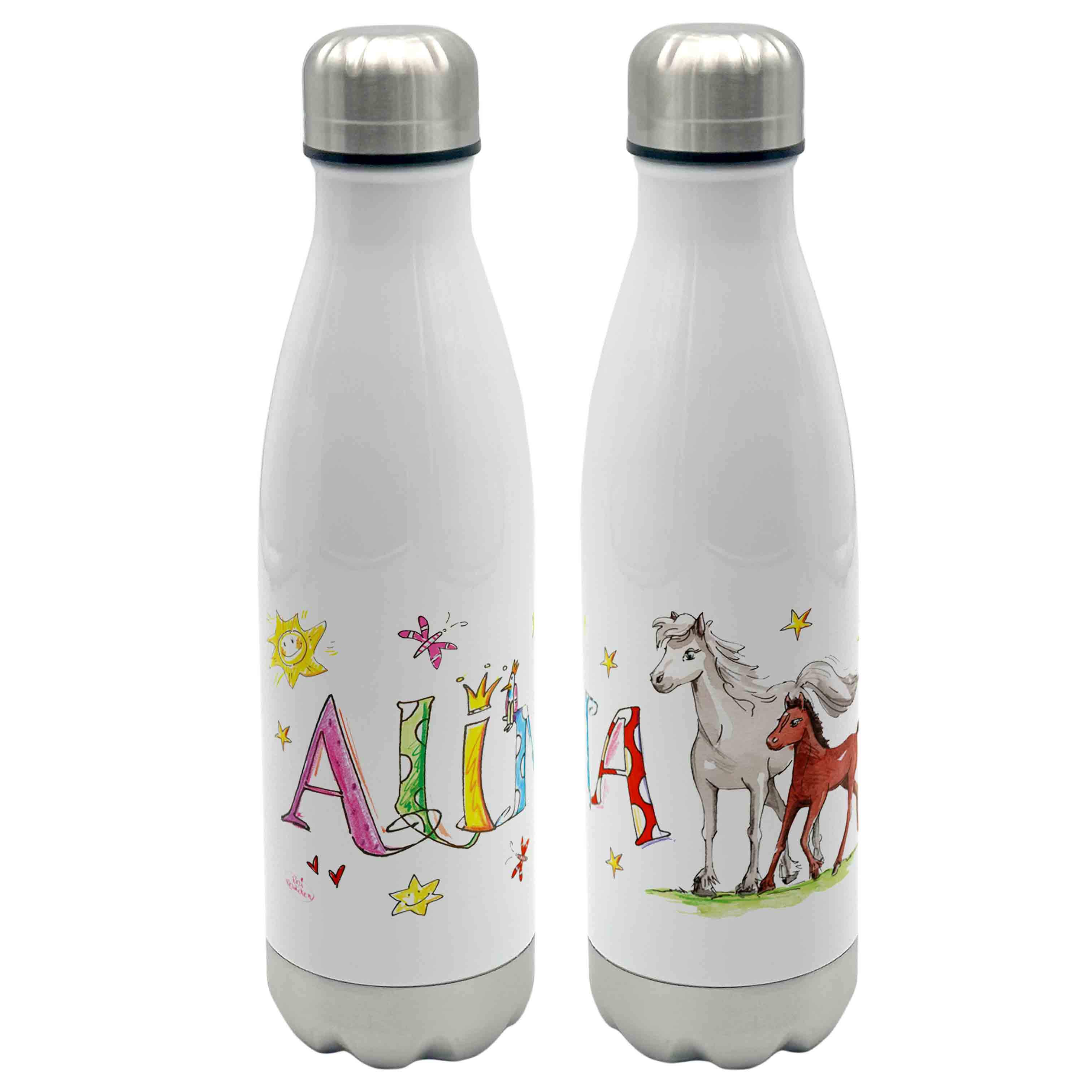Thermo-Trinkflasche Pferd mit Fohlen, mit Namen