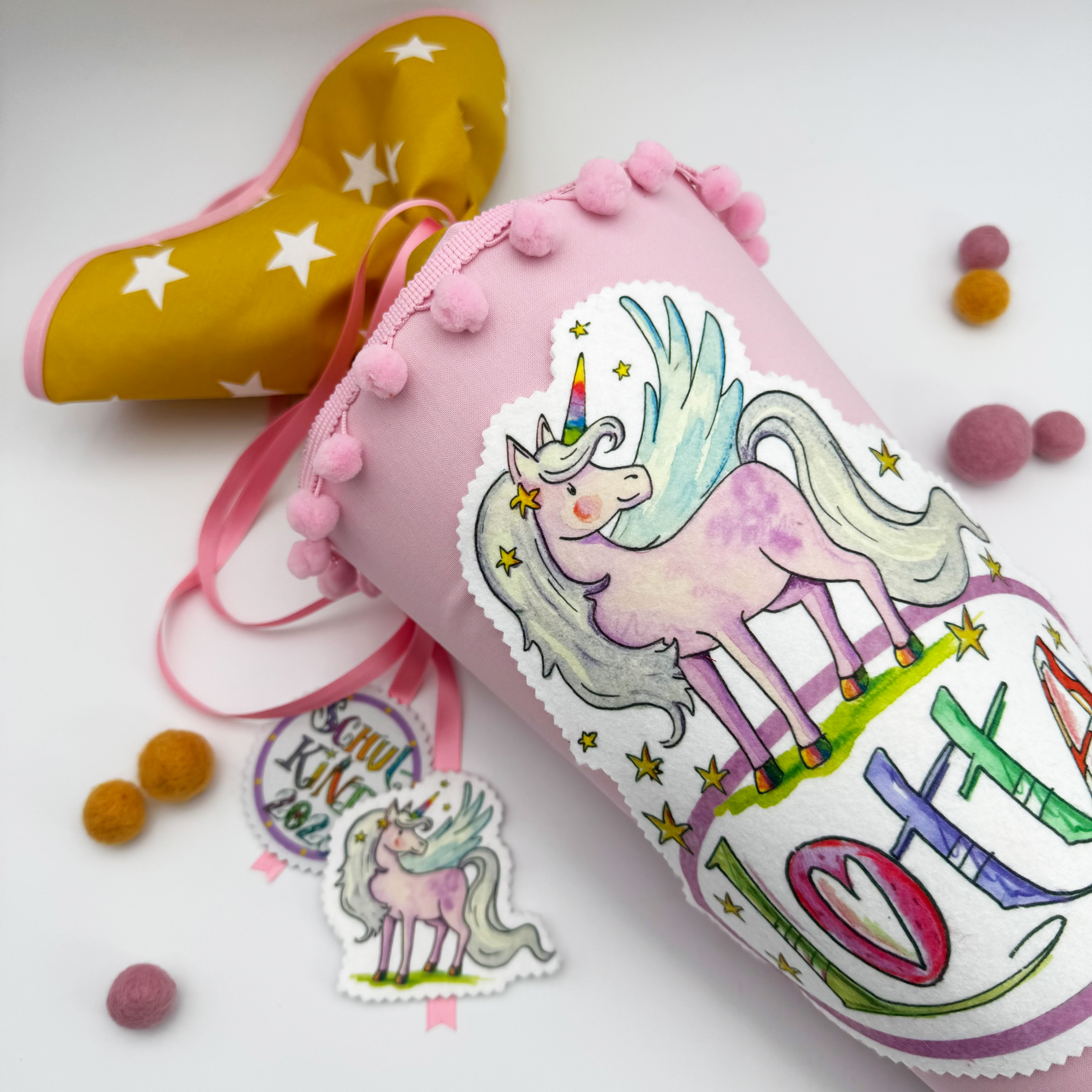 Schultüte Einhorn mit Flügel, Pegasus, oker rosa