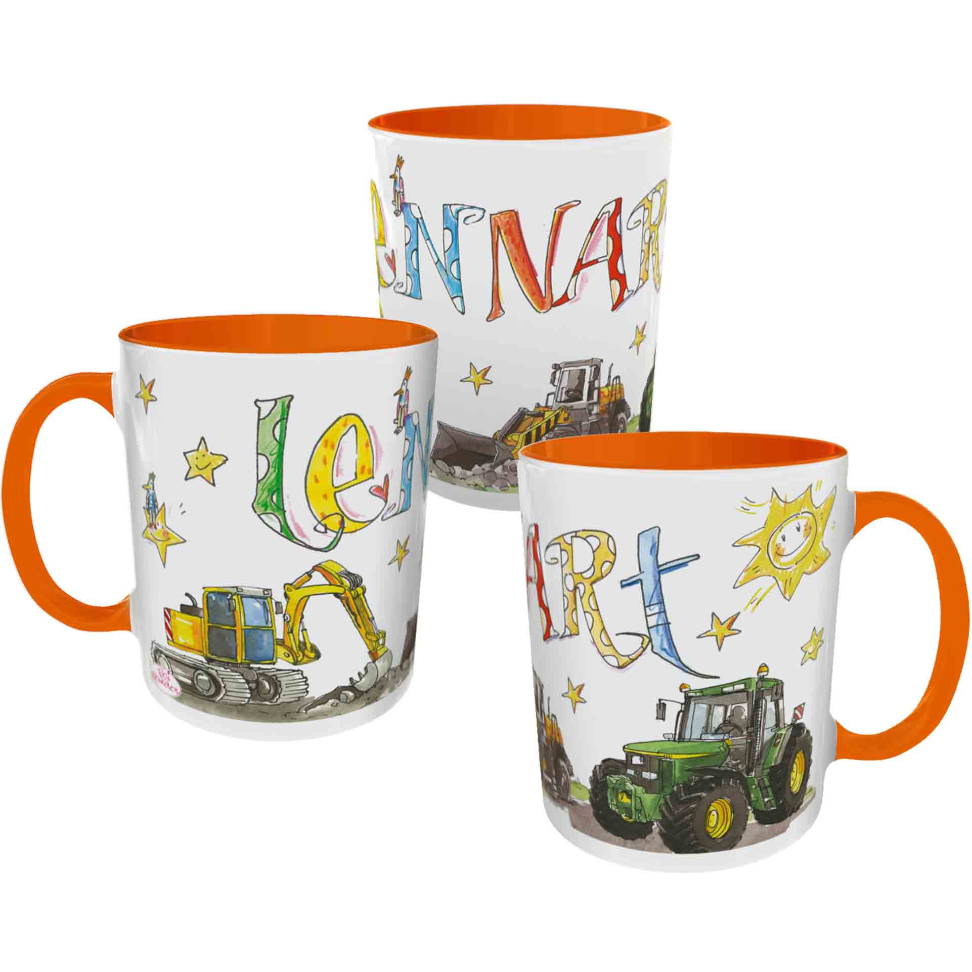 Tasse Trecker Bagger und Radlader Orange